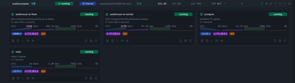 Setting Up AudioMuse-AI for Plex: My 5-Day Setup Saga : Pain and All 3 AudioMuse-AI for Plex setup: running containers for flask, worker, postgres, and redis.