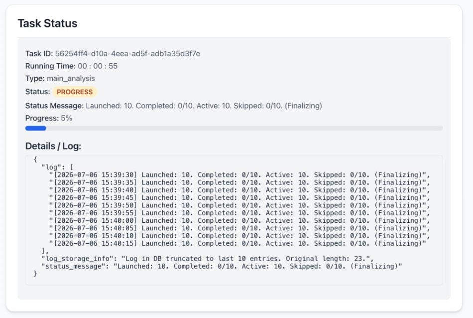 Setting Up AudioMuse-AI for Plex: My 5-Day Setup Saga : Pain and All 11 AudioMuse-AI Plex task status showing 5% progress and log details.