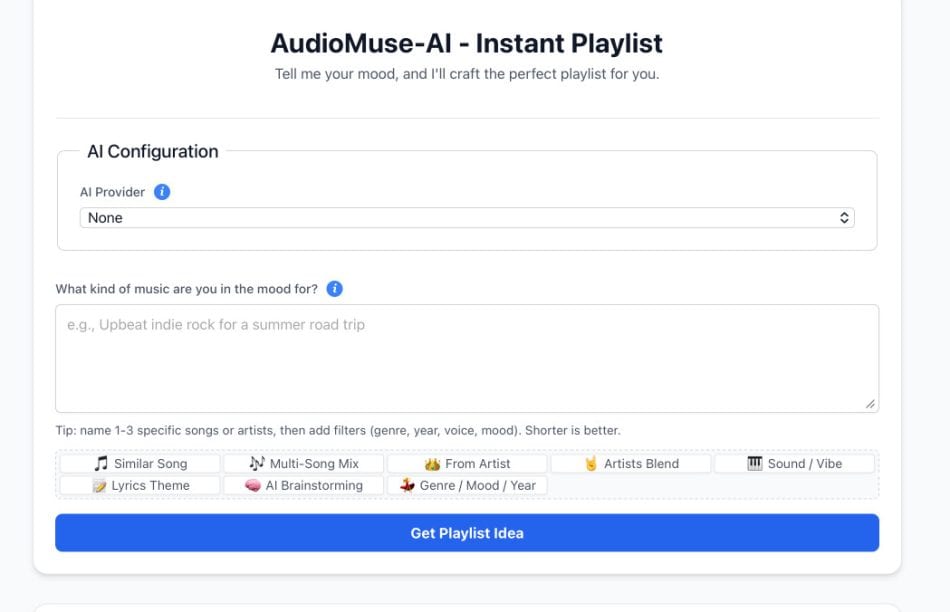 Setting Up AudioMuse-AI for Plex: My 5-Day Setup Saga : Pain and All 23 AudioMuse-AI for Plex setup: AI configuration and mood input fields.
