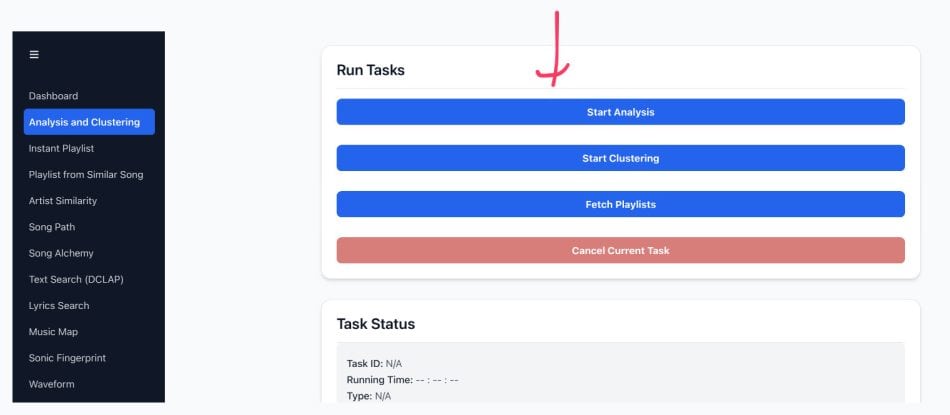 Setting Up AudioMuse-AI for Plex: My 5-Day Setup Saga : Pain and All 7 AudioMuse-AI for Plex: Run Tasks screen with Start Analysis, Start Clustering, Fetch Playlists buttons.