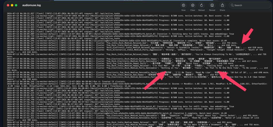 Setting Up AudioMuse-AI for Plex: My 5-Day Setup Saga : Pain and All 20 AudioMuse-AI for Plex setup log showing batch tasks and progress