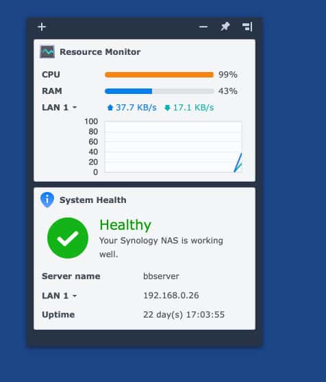 Setting Up AudioMuse-AI for Plex: My 5-Day Setup Saga : Pain and All 9 Synology NAS resource monitor and system health showing high CPU and healthy status