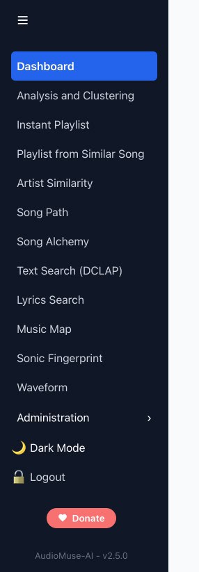 Setting Up AudioMuse-AI for Plex: My 5-Day Setup Saga : Pain and All 6 AudioMuse-AI sidebar menu with options like Dashboard, Analysis, Playlist, and Dark Mode.