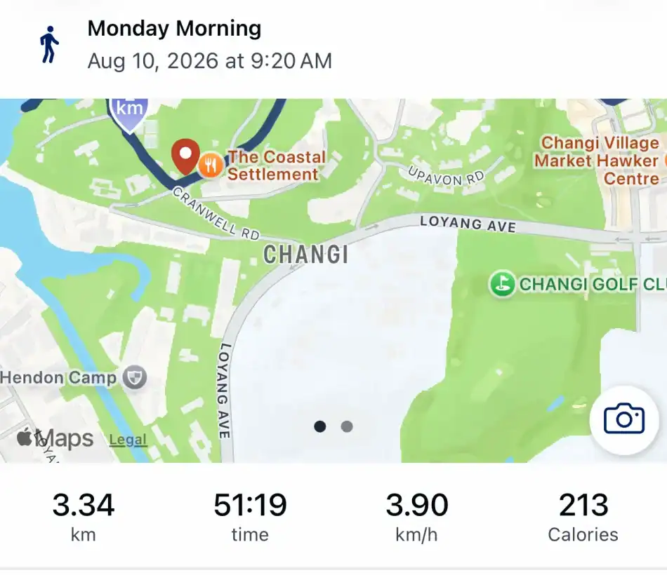 Changi Point Coastal Walk : 3/4 Closed in 2026 : Disappointing 35 Changi Point Coastal Walk map showing 3.34km route on Aug 10, 2026